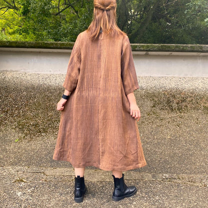 [Persimmon dyed gauze linen silk blend dress] Unevenly dyed 