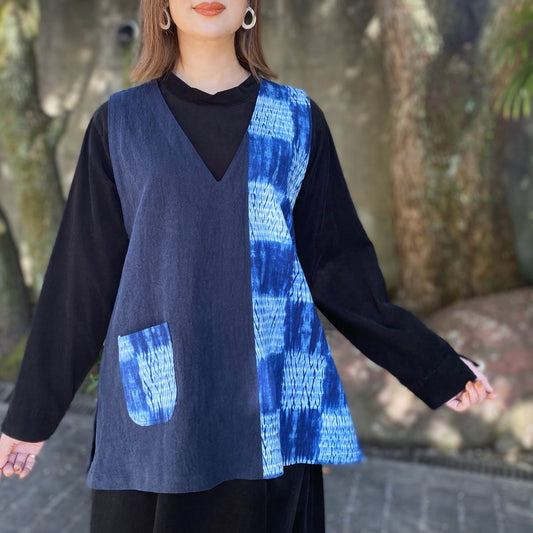 [Old Cloth Sakiori Vest] One-of-a-kind item by the artist, indigo dyed, vegetable dyed, lined, pure silk 