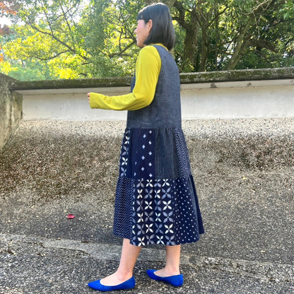 [Kurume Kasuri Tiered Jumper Skirt] Made in Japan Patchwork Indigo Dyed Mosquito Kasuri Sleeveless Dress Spring/Summer/Autumn/Winter