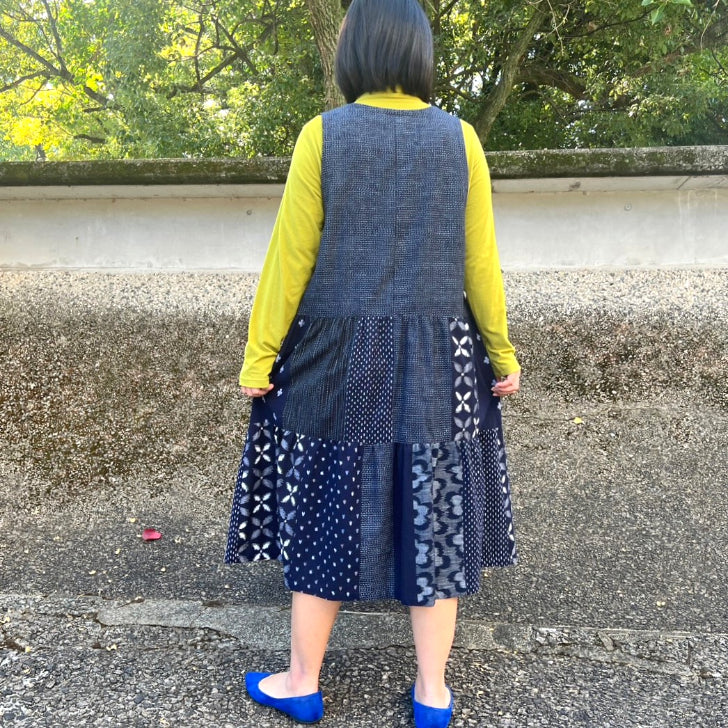 [Kurume Kasuri Tiered Jumper Skirt] Made in Japan Patchwork Indigo Dyed Mosquito Kasuri Sleeveless Dress Spring/Summer/Autumn/Winter