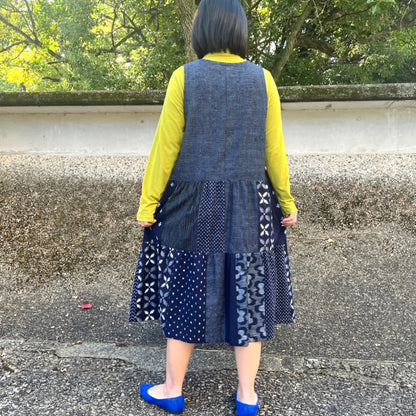 [Kurume Kasuri Tiered Jumper Skirt] Made in Japan Patchwork Indigo Dyed Mosquito Kasuri Sleeveless Dress Spring/Summer/Autumn/Winter