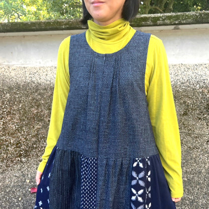 [Kurume Kasuri Tiered Jumper Skirt] Made in Japan Patchwork Indigo Dyed Mosquito Kasuri Sleeveless Dress Spring/Summer/Autumn/Winter