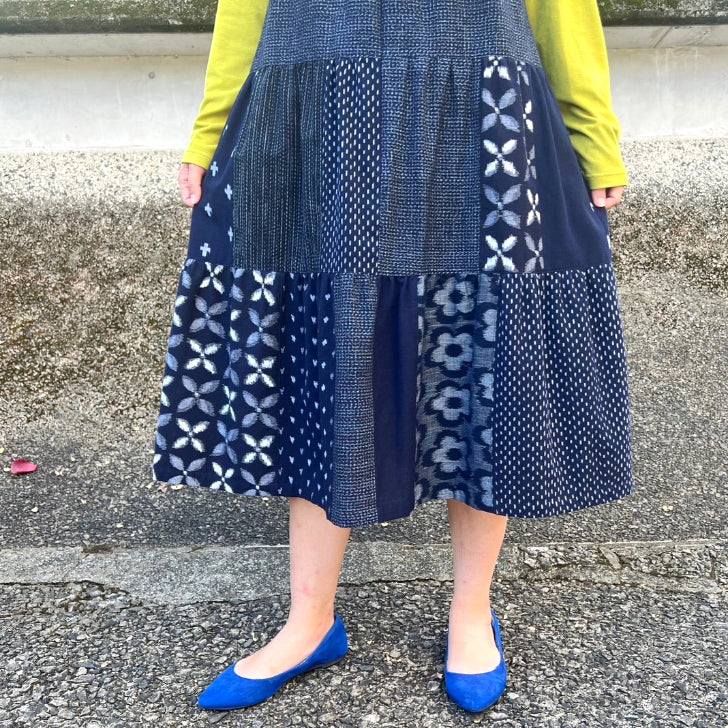 [Kurume Kasuri Tiered Jumper Skirt] Made in Japan Patchwork Indigo Dyed Mosquito Kasuri Sleeveless Dress Spring/Summer/Autumn/Winter