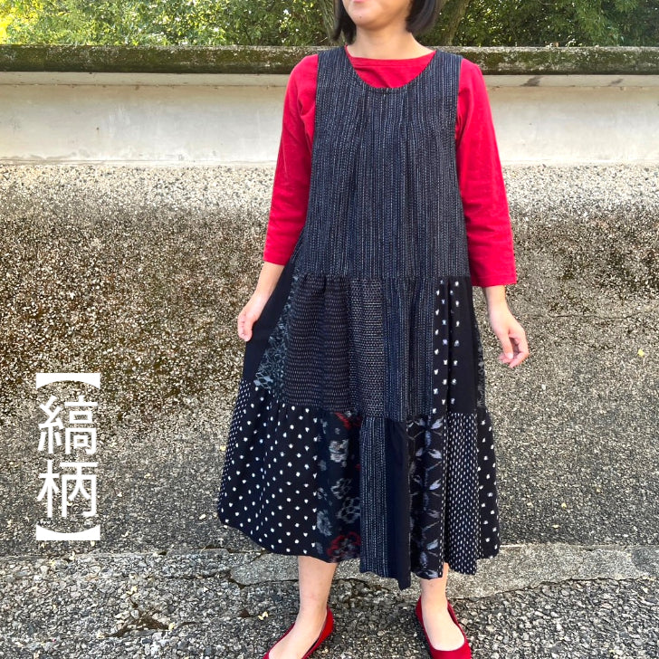 [Kurume Kasuri Tiered Jumper Skirt] Made in Japan Patchwork Indigo Dyed Mosquito Kasuri Sleeveless Dress Spring/Summer/Autumn/Winter