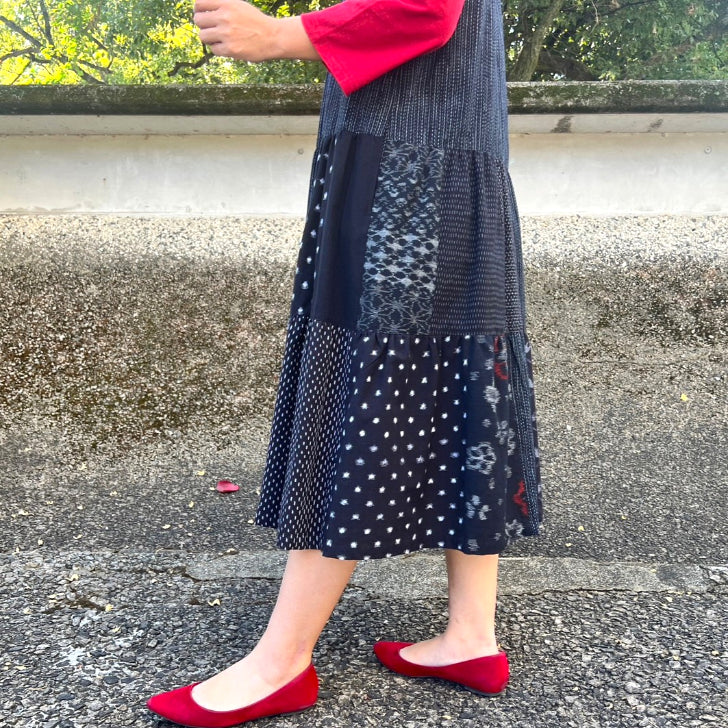 [Kurume Kasuri Tiered Jumper Skirt] Made in Japan Patchwork Indigo Dyed Mosquito Kasuri Sleeveless Dress Spring/Summer/Autumn/Winter