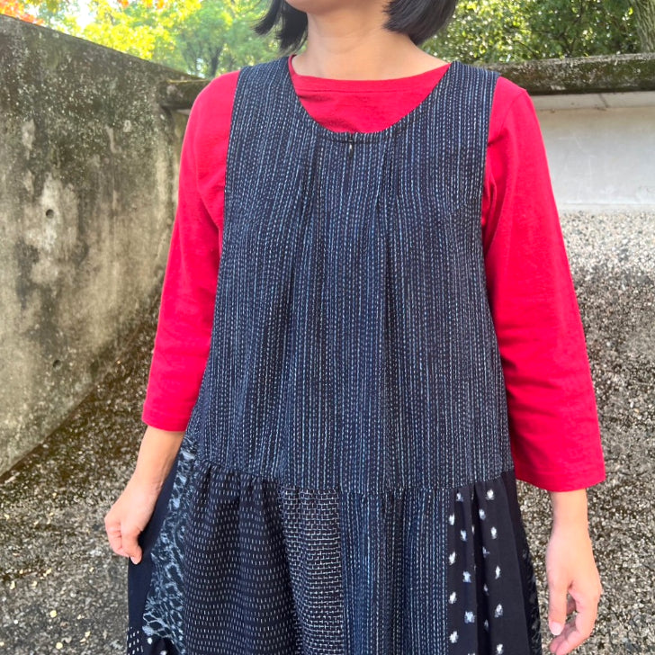 [Kurume Kasuri Tiered Jumper Skirt] Made in Japan Patchwork Indigo Dyed Mosquito Kasuri Sleeveless Dress Spring/Summer/Autumn/Winter