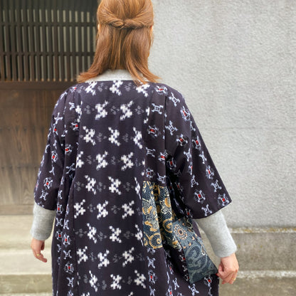 [Old Cloth Remake Jumper Skirt] Dress by Fukue Takagi, Kasuri, Indigo dyed, Tube painting, Qinghai wave pattern, Hemp leaf pattern 