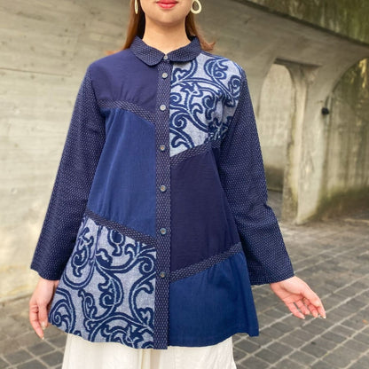 [Hand-woven Kurume Kasuri Tunic] Long blouse, 100% cotton, dark blue, open front, floral pattern, rain pattern, plain color 