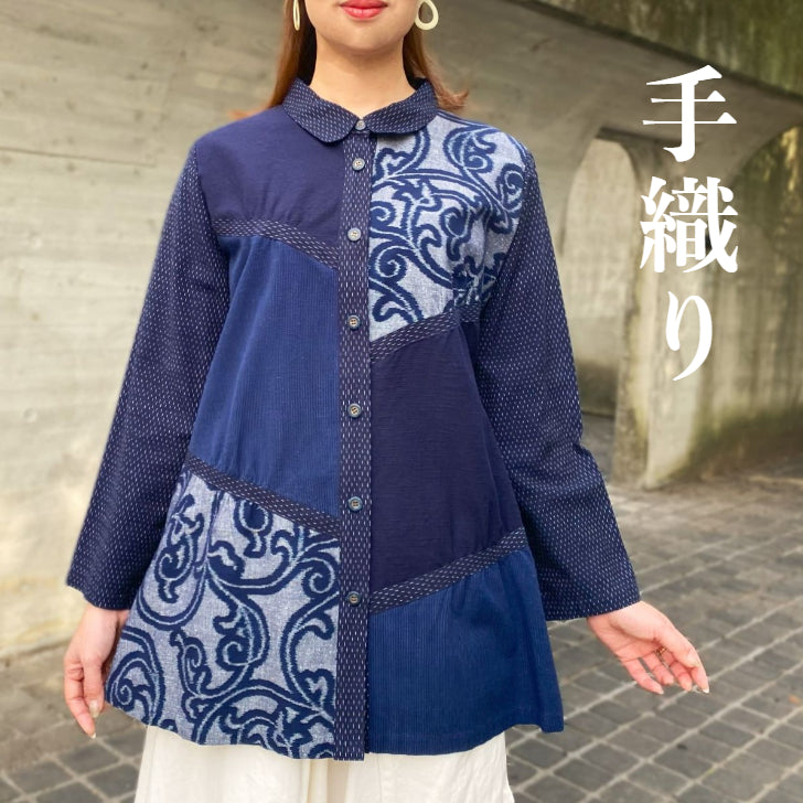 [Hand-woven Kurume Kasuri Tunic] Long blouse, 100% cotton, dark blue, open front, floral pattern, rain pattern, plain color 
