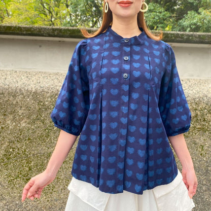 Giemon [Kurume Kasuri Blouse] Short sleeve Yuki Kasuri front zipper Giemon