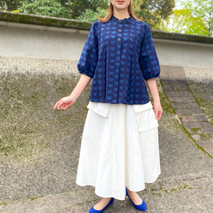 Giemon [Kurume Kasuri Blouse] Short sleeve Yuki Kasuri front zipper Giemon