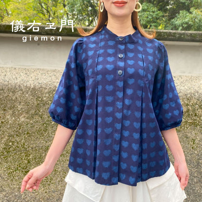 Giemon [Kurume Kasuri Blouse] Short sleeve Yuki Kasuri front zipper Giemon