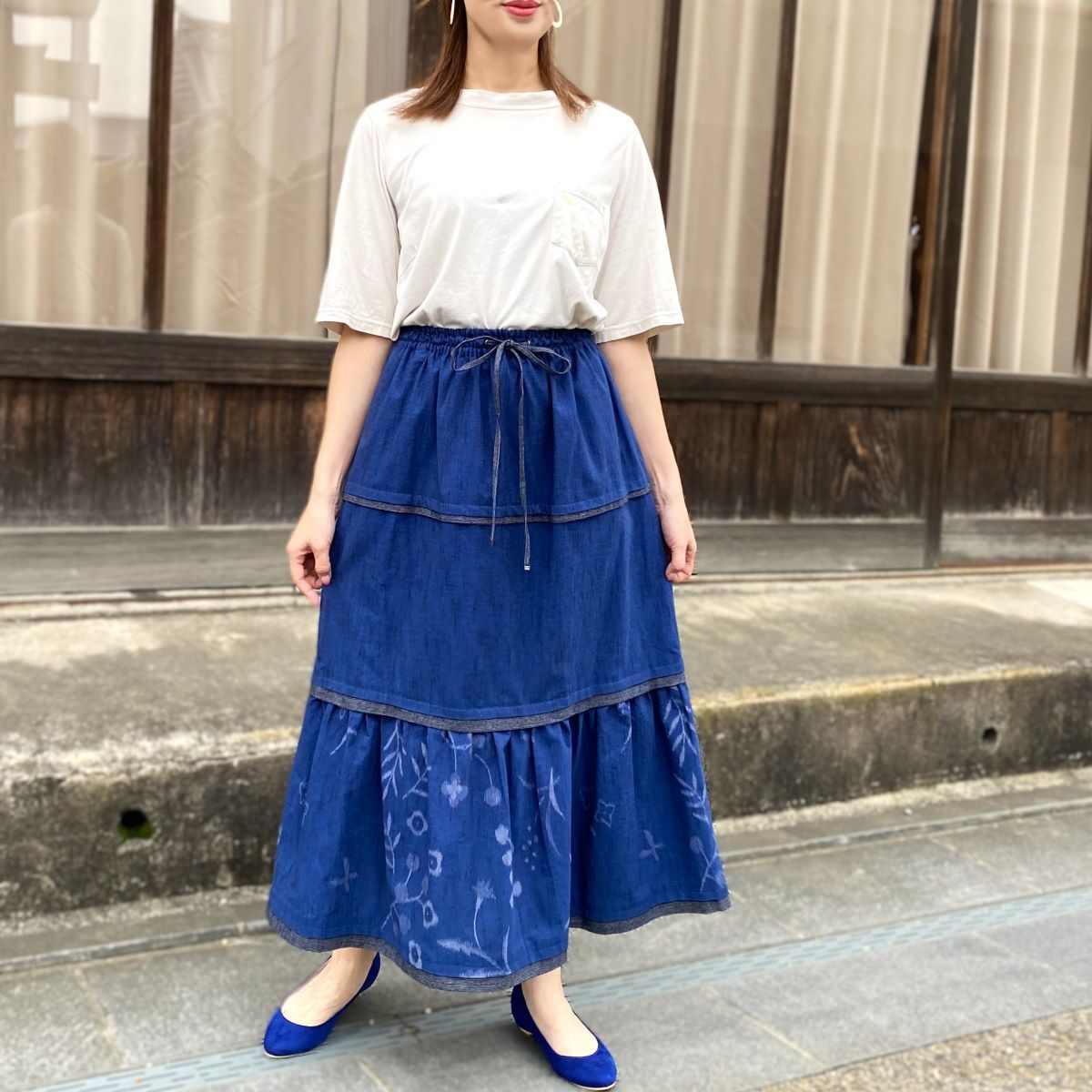 Giemon [Kurume Kasuri Tiered Skirt] 100% Cotton Flare Spring/Summer/Autumn/Winter Striped Pattern Gradation 