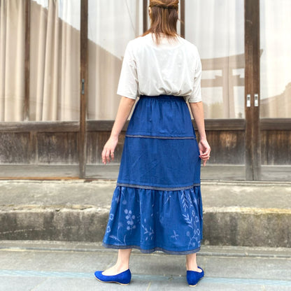 Giemon [Kurume Kasuri Tiered Skirt] 100% Cotton Flare Spring/Summer/Autumn/Winter Striped Pattern Gradation 