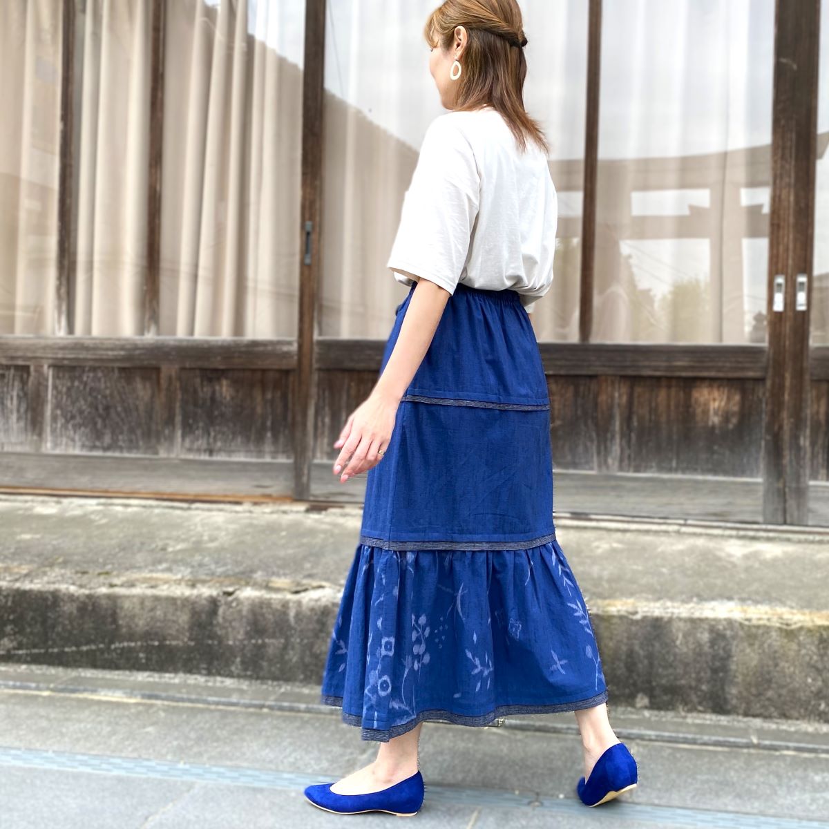 Giemon [Kurume Kasuri Tiered Skirt] 100% Cotton Flare Spring/Summer/Autumn/Winter Striped Pattern Gradation 