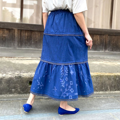 Giemon [Kurume Kasuri Tiered Skirt] 100% Cotton Flare Spring/Summer/Autumn/Winter Striped Pattern Gradation 