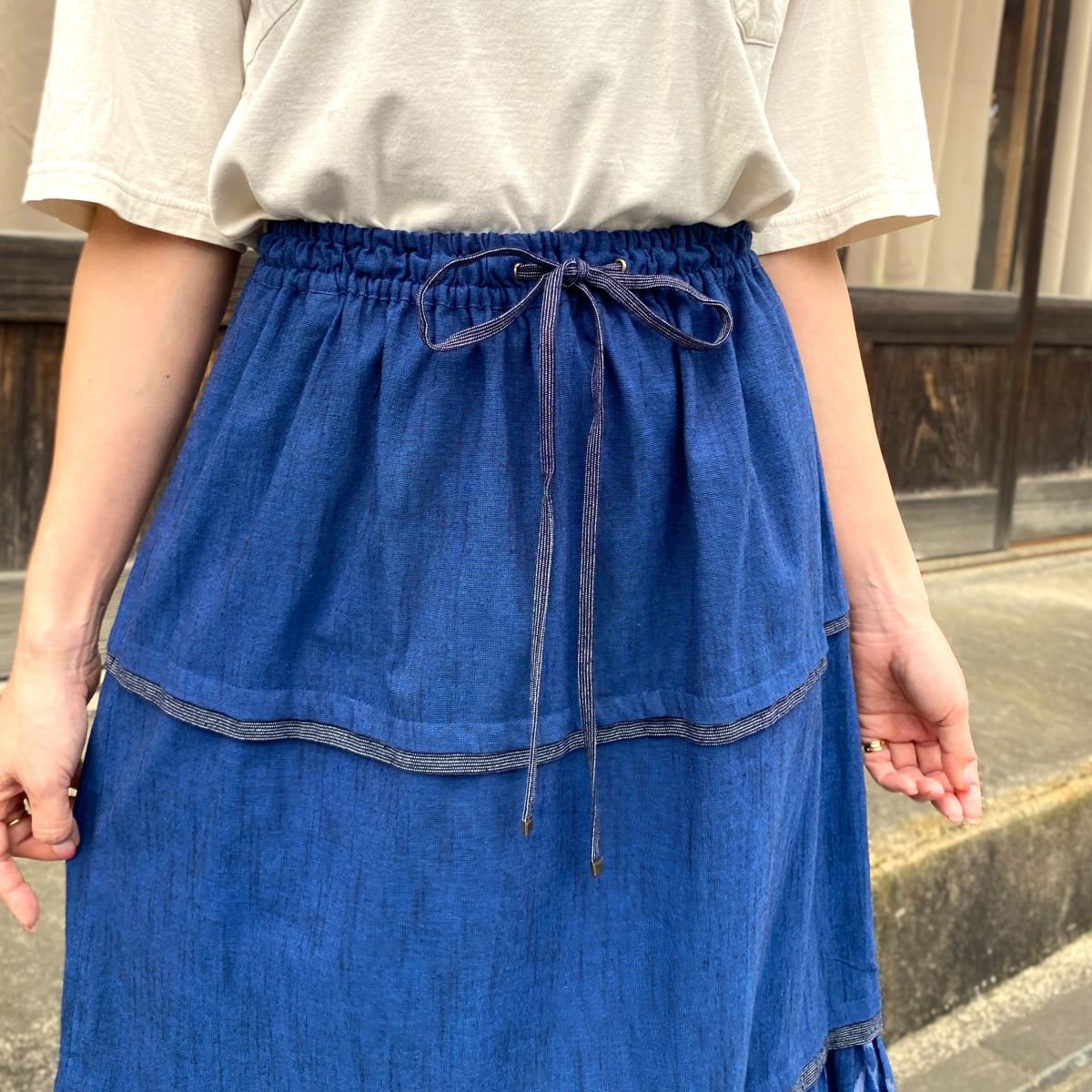 Giemon [Kurume Kasuri Tiered Skirt] 100% Cotton Flare Spring/Summer/Autumn/Winter Striped Pattern Gradation 