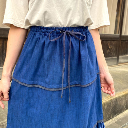 Giemon [Kurume Kasuri Tiered Skirt] 100% Cotton Flare Spring/Summer/Autumn/Winter Striped Pattern Gradation 