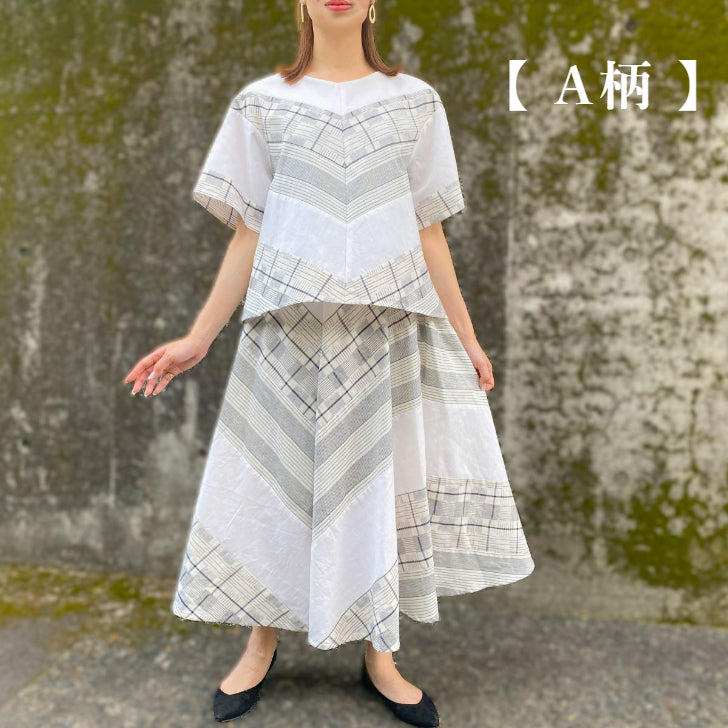 Giemon [Kurume kasuri jumper skirt Giemon 100% cotton A-line striped kasuri gradation dark blue 