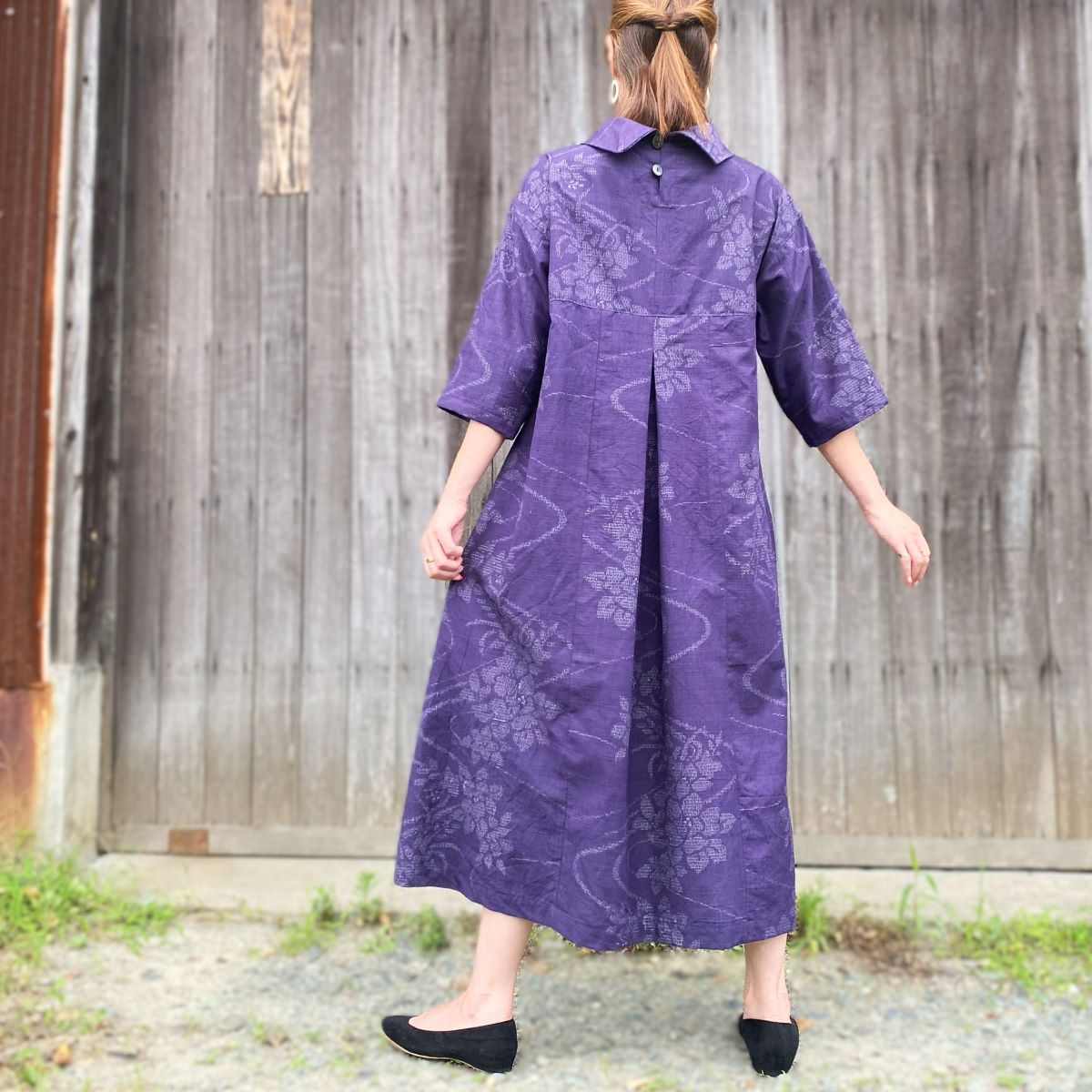 [Old Cloth Arranged Jumper Skirt] One Piece Kurume Kasuri Indigo Dyed Floral Pattern 