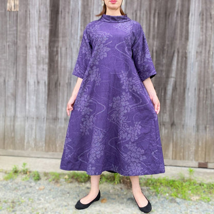 [Old Cloth Arranged Jumper Skirt] One Piece Kurume Kasuri Indigo Dyed Floral Pattern 