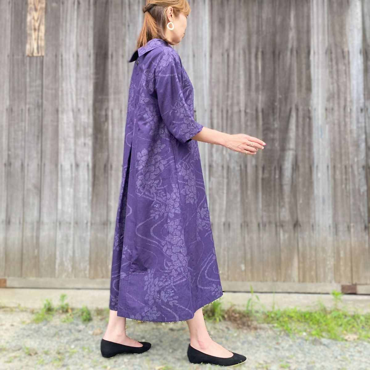 [Old Cloth Arranged Jumper Skirt] One Piece Kurume Kasuri Indigo Dyed Floral Pattern 