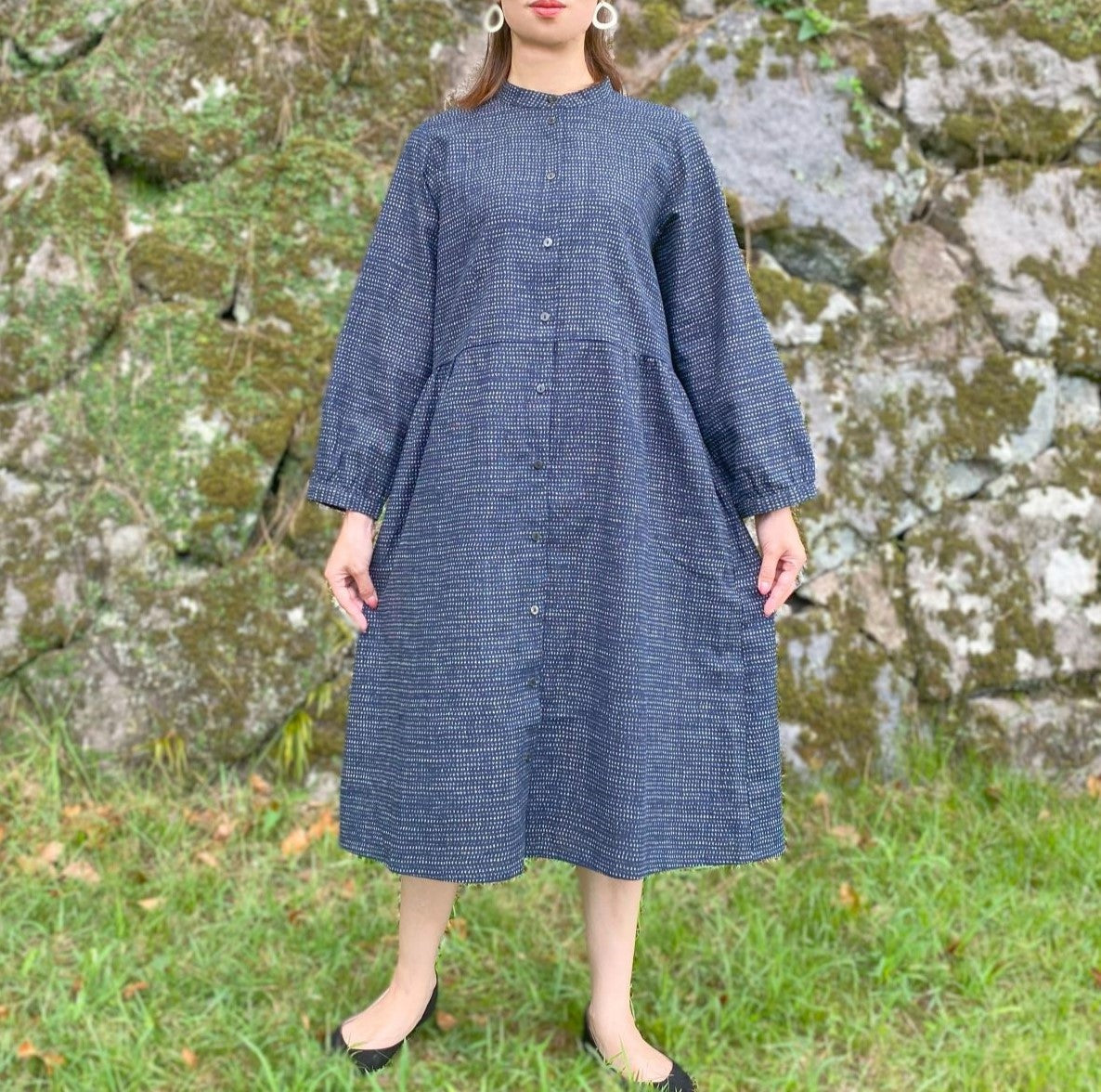 [Kurume woven A-line tunic dress] Blue