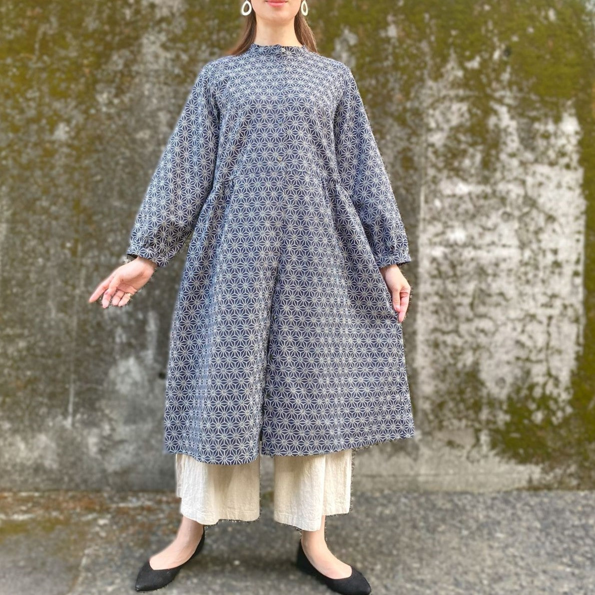 [Kurume woven A-line tunic dress] Blue