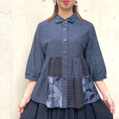 Giemon [Kurume Kasuri Appappa Blouse] Cool Striped Pattern 60 Layer Slab Indigo