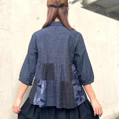 Giemon [Kurume Kasuri Appappa Blouse] Cool Striped Pattern 60 Layer Slab Indigo