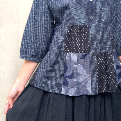 Giemon [Kurume Kasuri Appappa Blouse] Cool Striped Pattern 60 Layer Slab Indigo