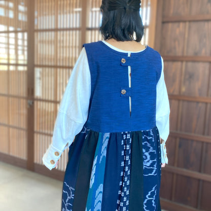 [Kurume Kasuri Jumper Skirt] Spring/Summer/Autumn/Winter Indigo dyeing