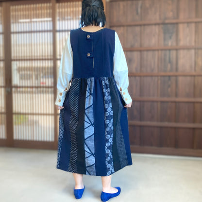 [Kurume Kasuri Jumper Skirt] Spring/Summer/Autumn/Winter Indigo dyeing