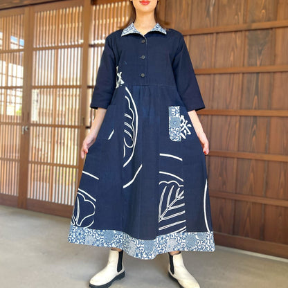 [Old cloth arrangement jumper skirt] One piece by the artist, indigo dyed, picture kasuri, family crest 