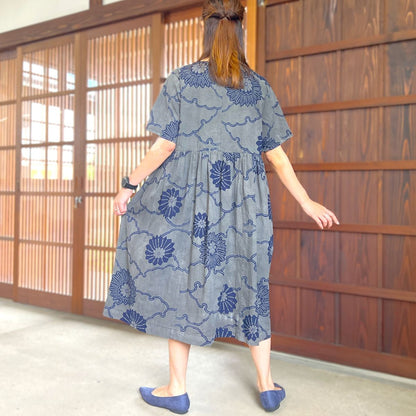【墨染め浴衣リメイクギャザーワンピース】