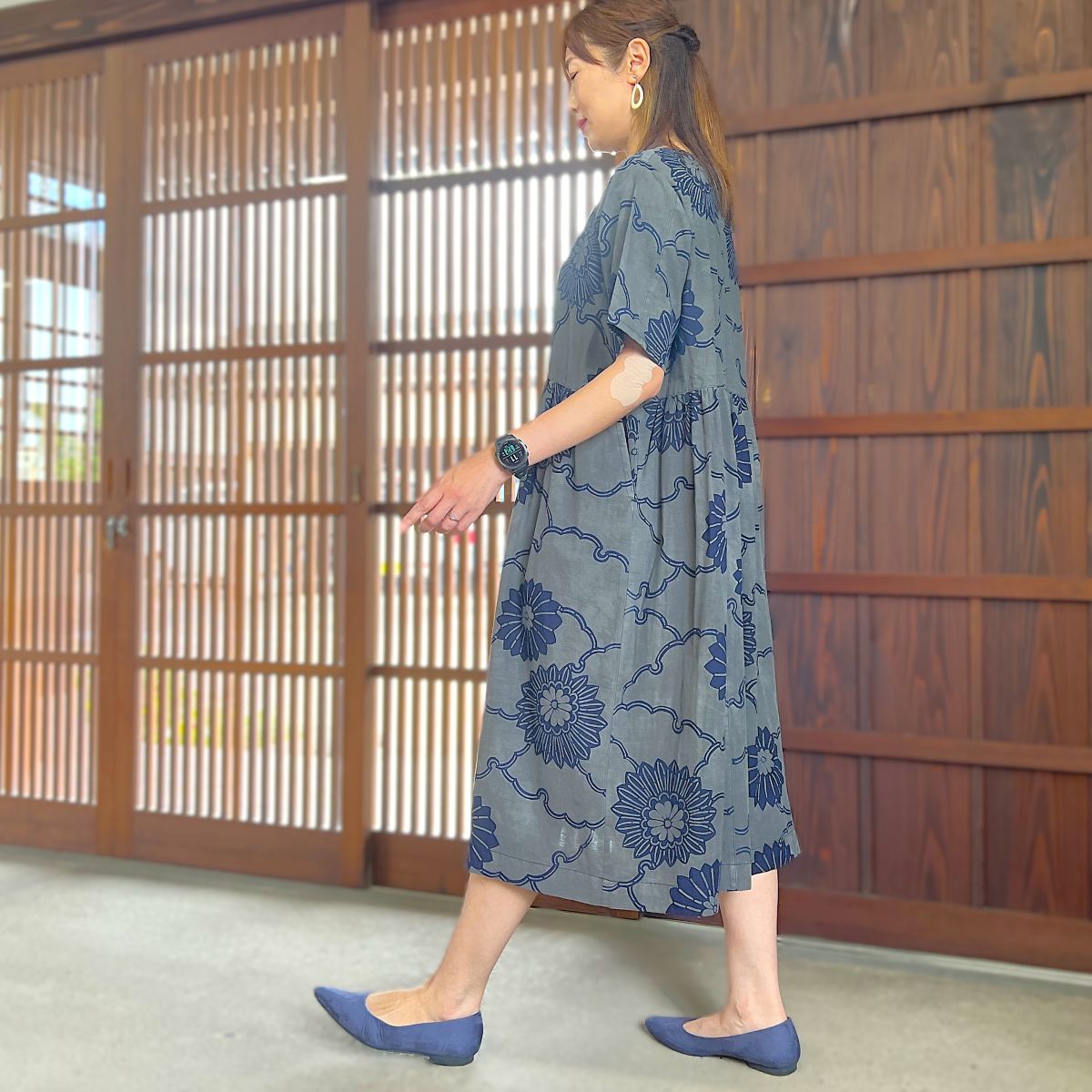 【墨染め浴衣リメイクギャザーワンピース】