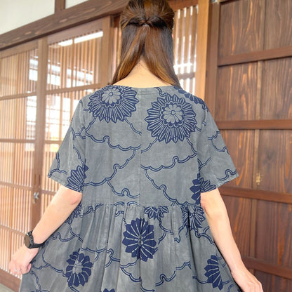 【墨染め浴衣リメイクギャザーワンピース】