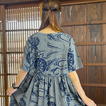 【墨染め浴衣リメイクギャザーワンピース】