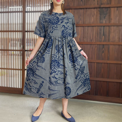 【墨染め浴衣リメイクギャザーワンピース】