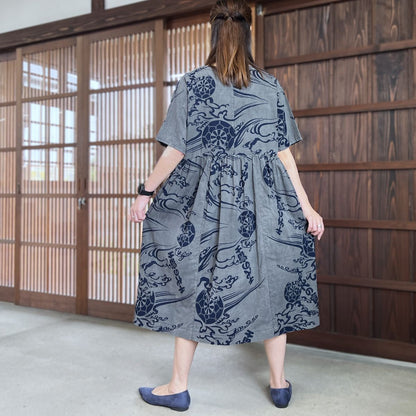 【墨染め浴衣リメイクギャザーワンピース】