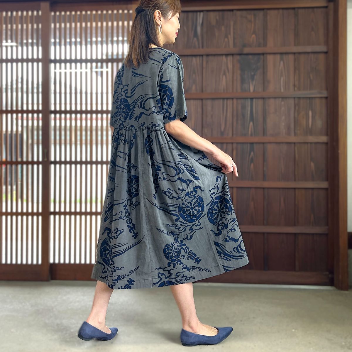 【墨染め浴衣リメイクギャザーワンピース】