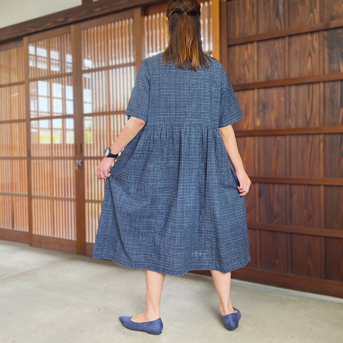 【墨染め浴衣リメイクギャザーワンピース】