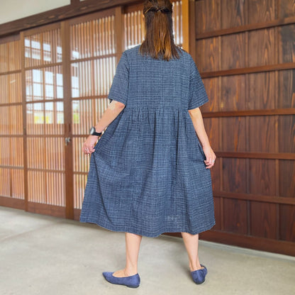 【墨染め浴衣リメイクギャザーワンピース】