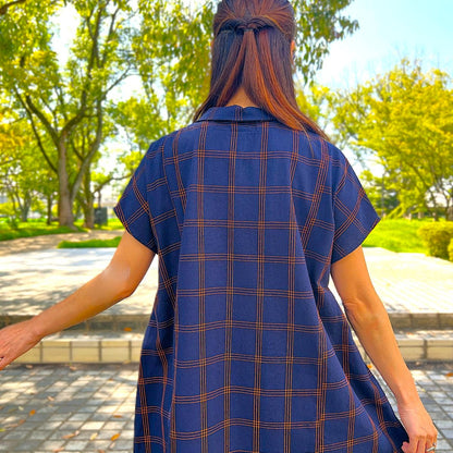 儀右ヱ門【久留米絣ワンピース】格子  Y２１６９