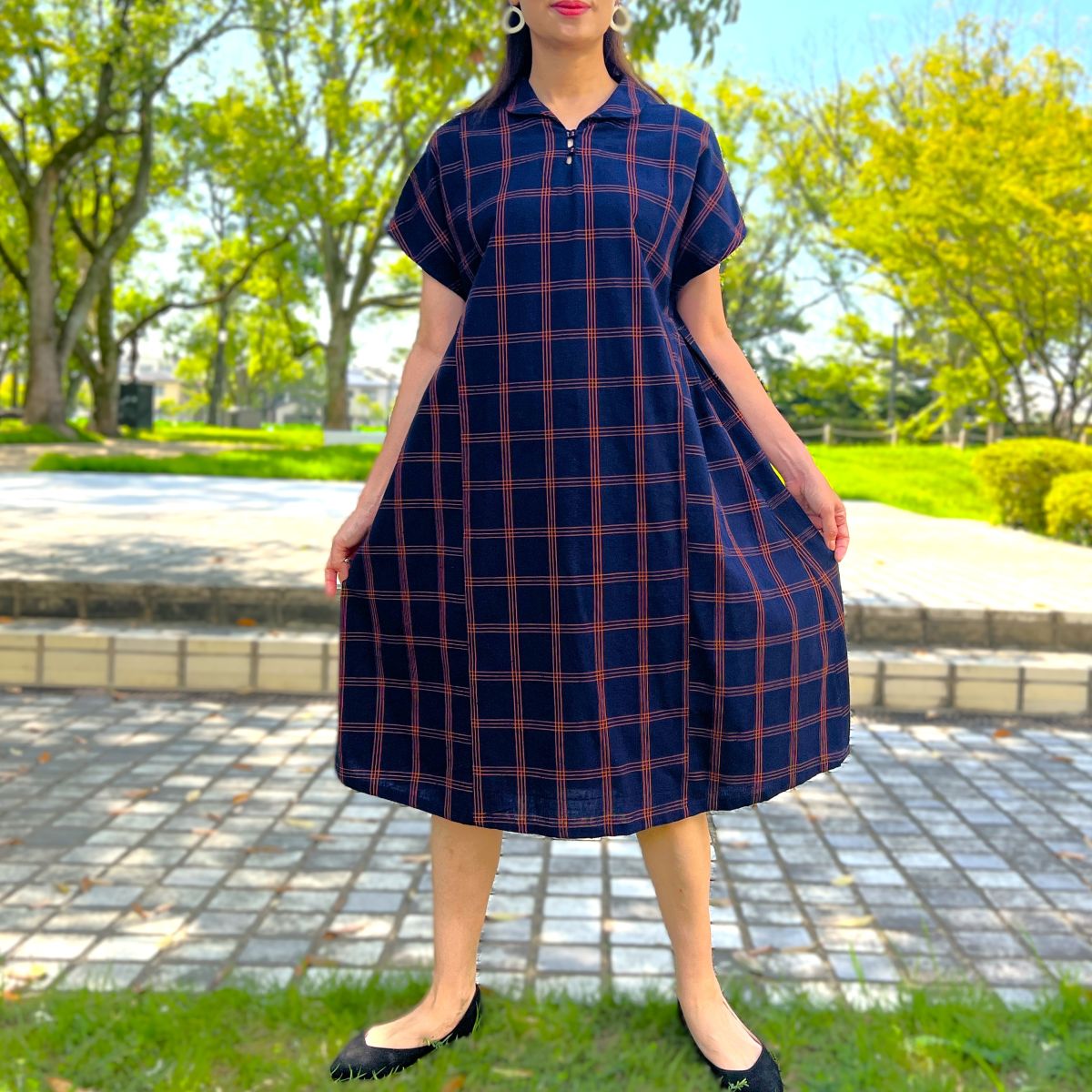 儀右ヱ門【久留米絣ワンピース】格子  Y２１６９