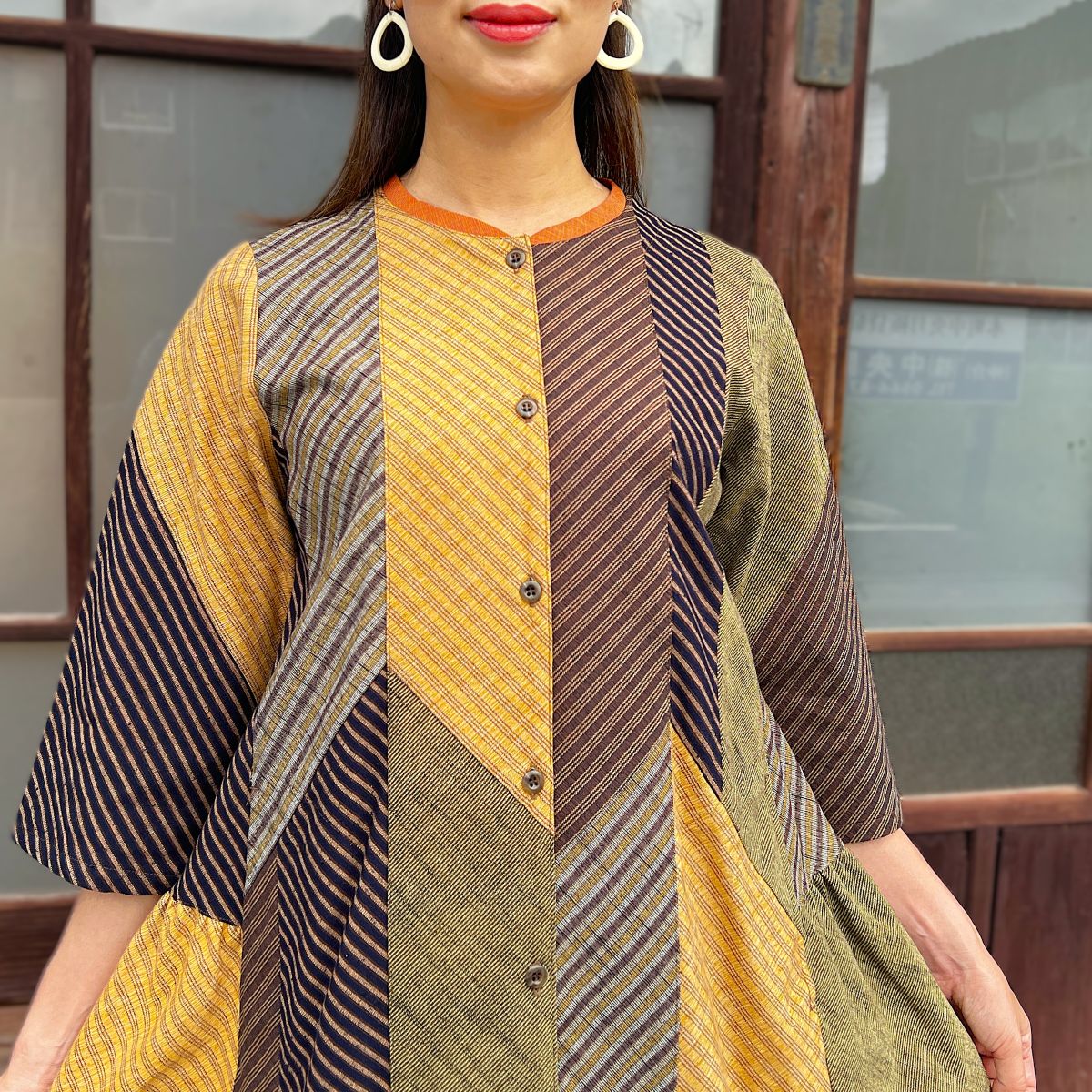 りか　儀右衛門　絣　フリル襟のワンピース 儀右ヱ門 ワンピース りか様専用 儀右衛門 絣 フリル襟のワンピース