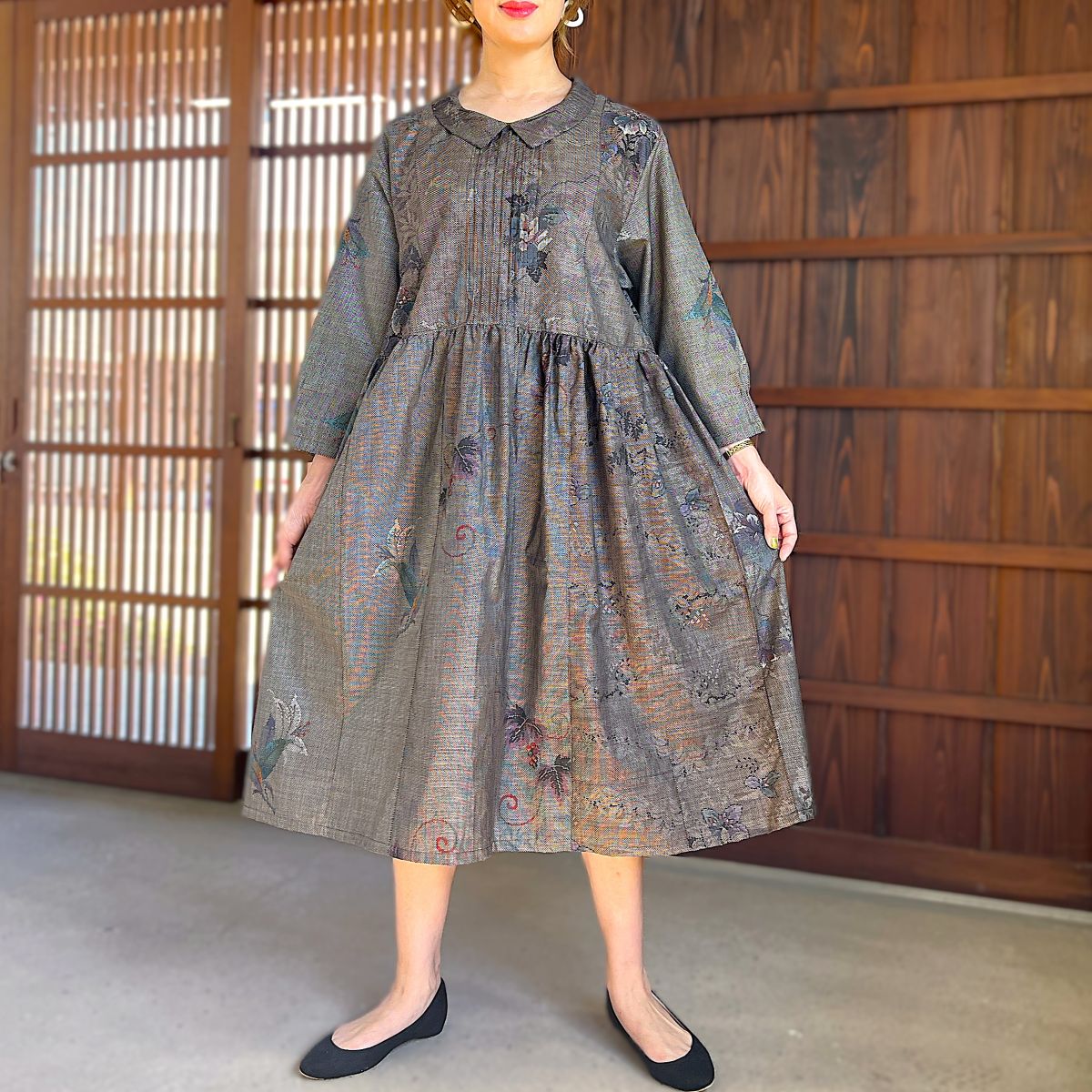 泥大島紬アレンジ襟付きワンピース】9．20．7 – こっとんコットン