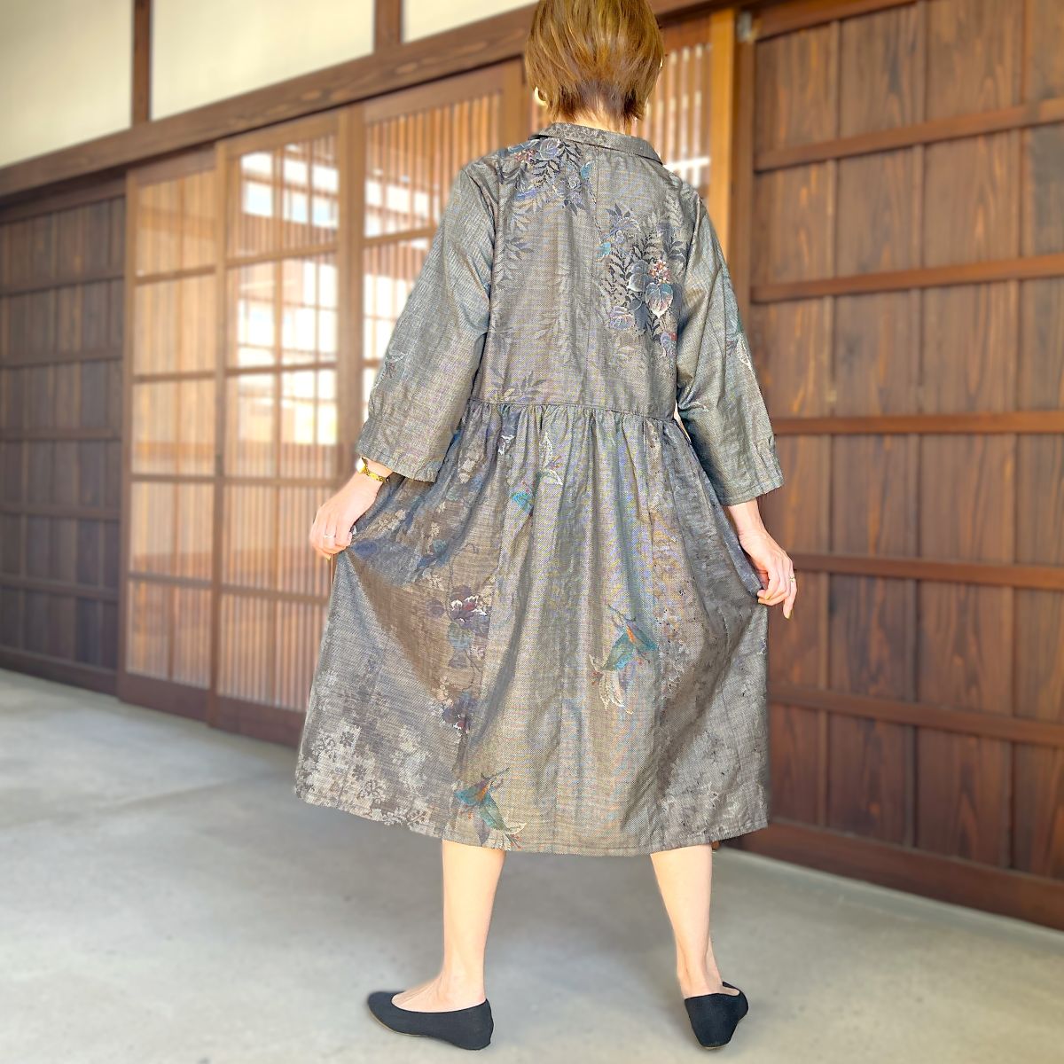 泥大島紬アレンジ襟付きワンピース】9．20．7 – こっとんコットン