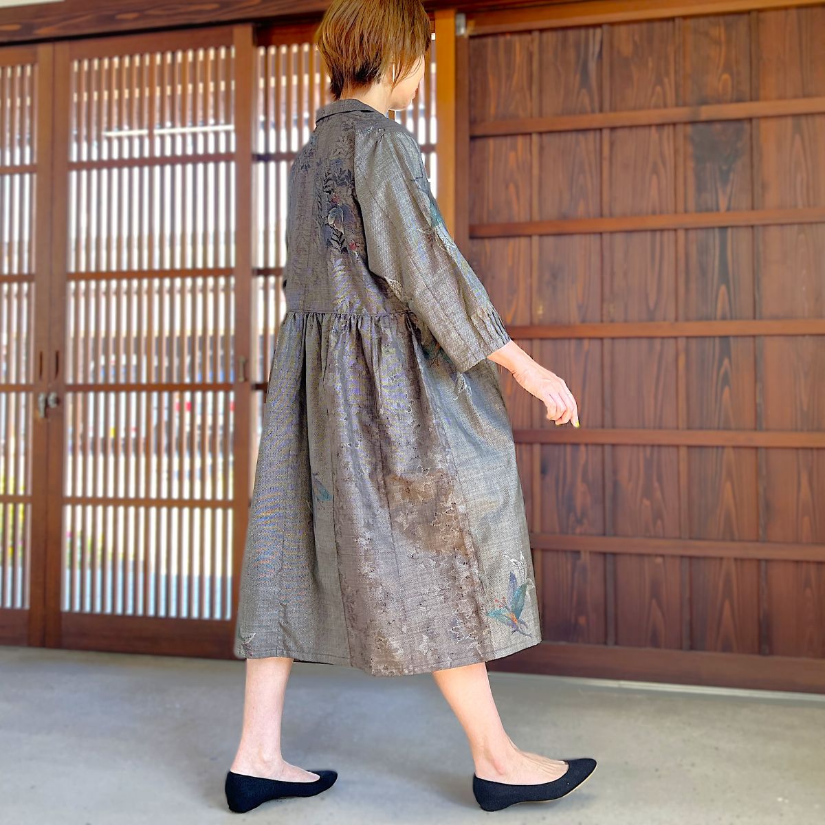 【泥大島紬アレンジ襟付きワンピース】９．２０．７