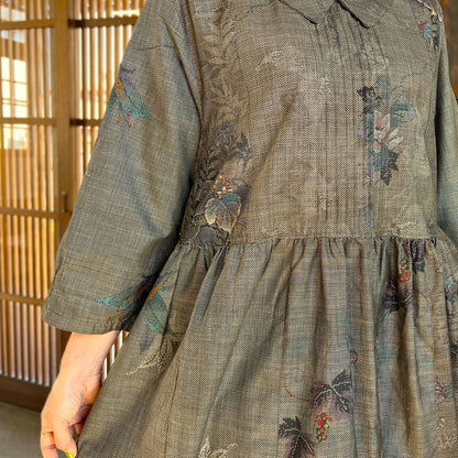 【泥大島紬アレンジ襟付きワンピース】９．２０．７